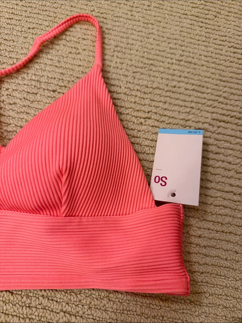 SO brand ribbed longline triangle bikini top in Coral Pink Size L Juniors - Picture 4 of 6